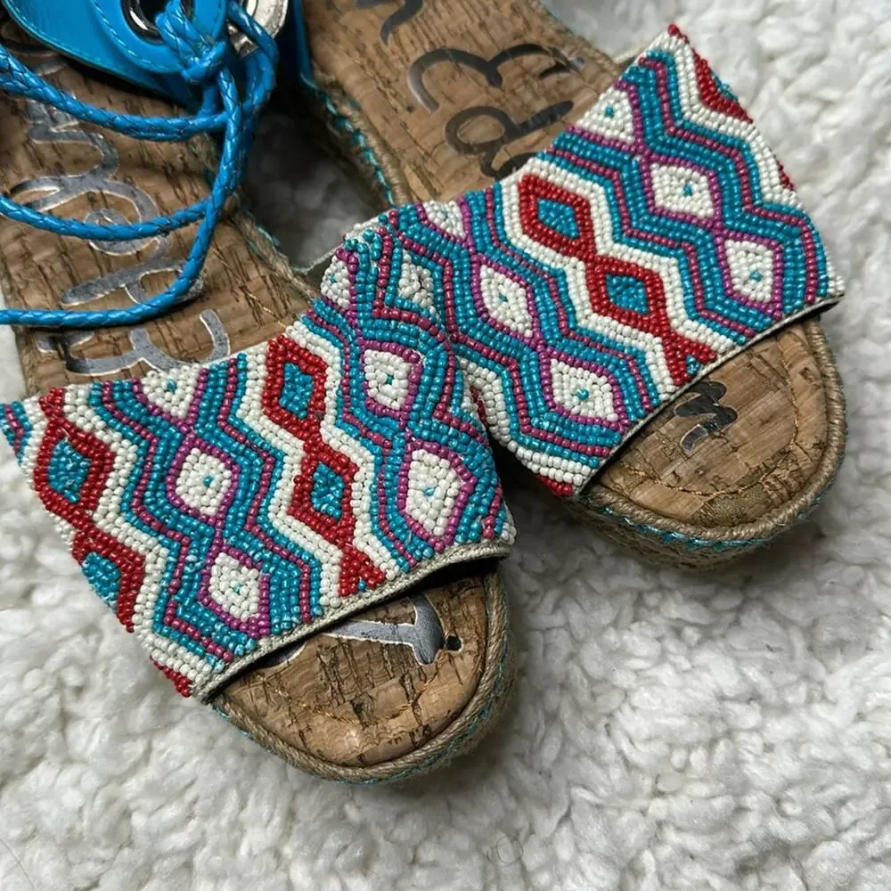 Sam Edelman Colorful Patterned Beaded Women Sandals Lace Up Espadrille Platform